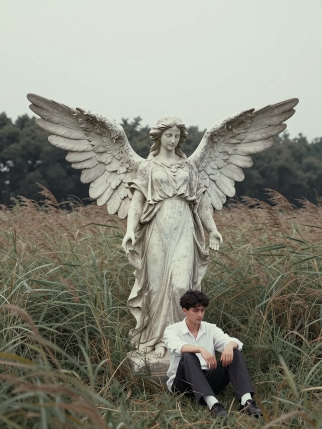 A weathered stone angelic figure stands rigidly in tall, wind-stirred grass, enormous feathered wing