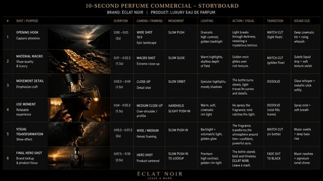 Create a 10-second cinematic product commercial storyboard for парфюма. Include six timed shots: ope