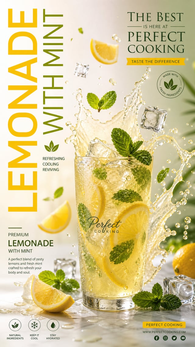 Ultra-realistic premium lemonade advertisement poster design, luxury modern café branding style, ver