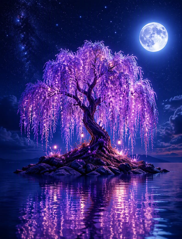 *Create a surreal and enchanting night scene of a small rocky island surrounded by calm water. On th