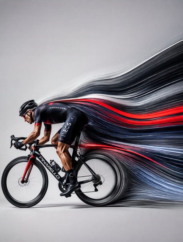 A professional road cyclist in an aggressive aerodynamic racingposition, riding a modern carbon road
