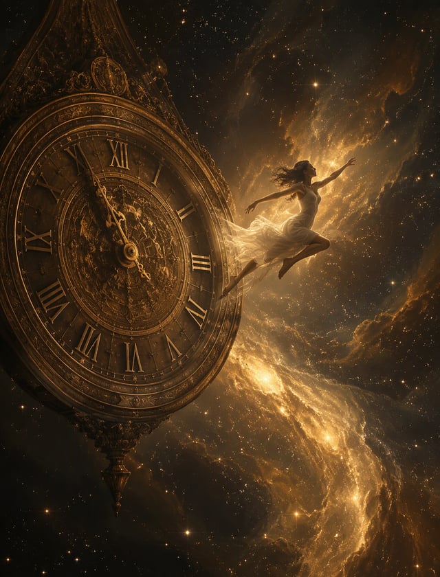 A digital painting of a grand, antique clock with intricate Roman numerals, suspended within a vast 