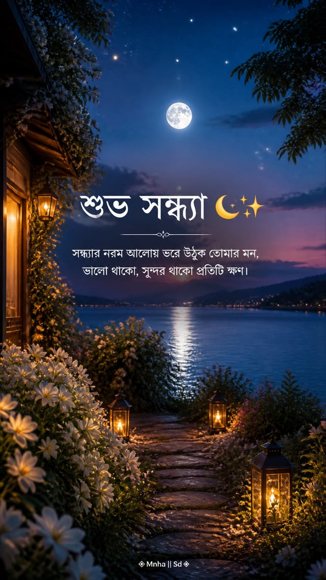 Prompt:A breathtaking peaceful evening scene beside a beautiful lakeside garden, deep blue and purpl