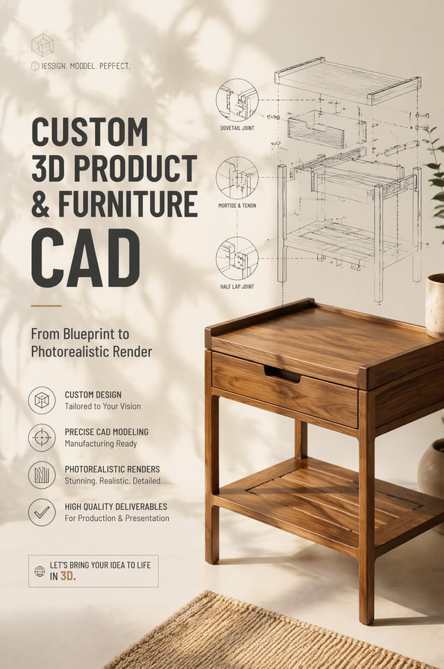2:3 aspect ratio. A promotional banner for 3D furniture and product modeling. Soft cream background 