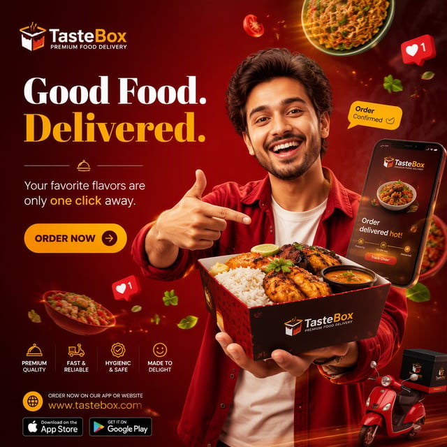 Create a premium commercial social media advertising poster for TasteBox – Premium Food Delivery, de