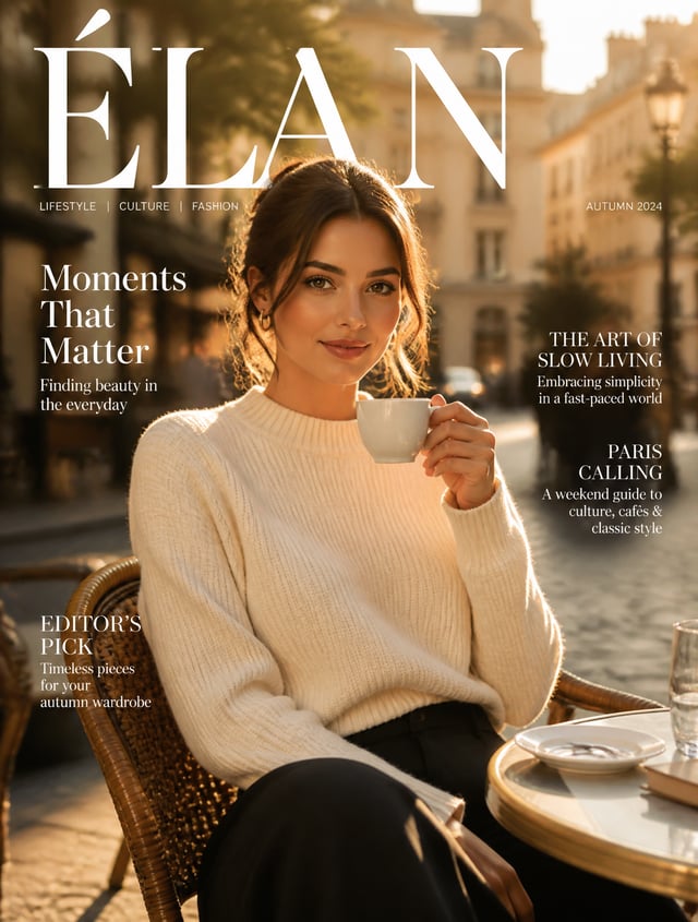 A cinematic outdoor cafe scene capturing a graceful woman seated at a wicker chair table, holding a 
