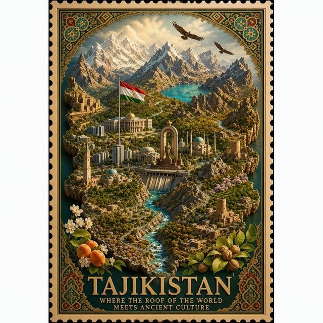 A richly illustrated vintage travel poster presents Tajikistan as a fantastical vertical mountain ki