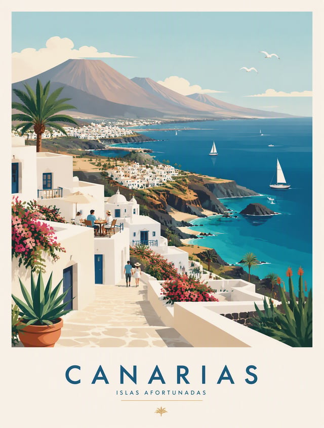 Create a premium editorial travel poster illustration of Santorini, Greece. Style: flat vector illus