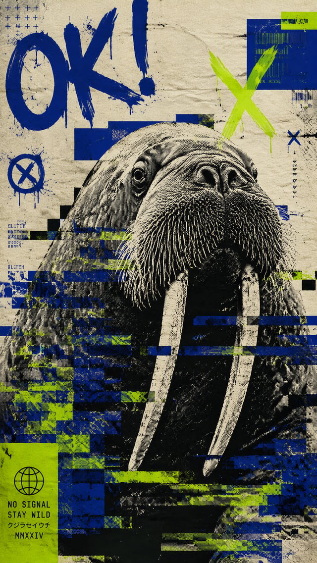 A dynamic wallpaper. A high-contrast halftone image of a walrus is segmented by chaotic, digital gli