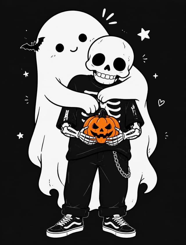 "A playful oversized cartoon Halloween t-shirt design featuring a large friendly ghost character pos