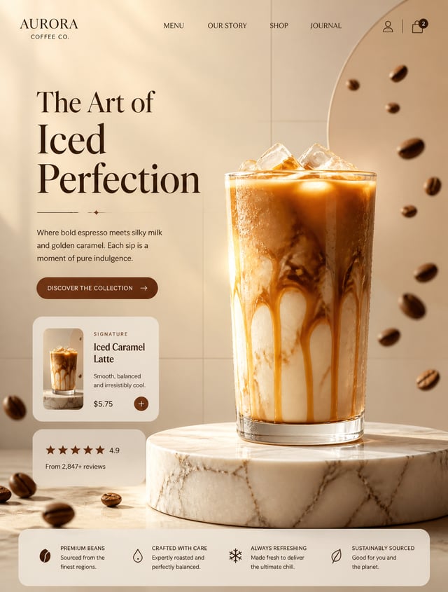 A premium iced caramel latte stands in the foreground on a thick white-veined marble pedestal, its t