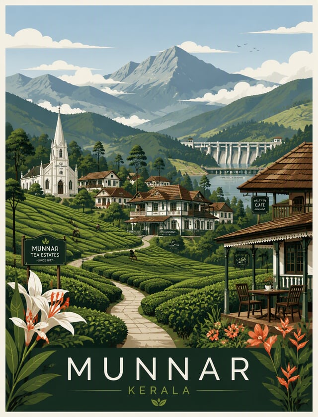 Create a premium editorial travel poster illustration of Munnar, Kerala. Style: flat vector illustra