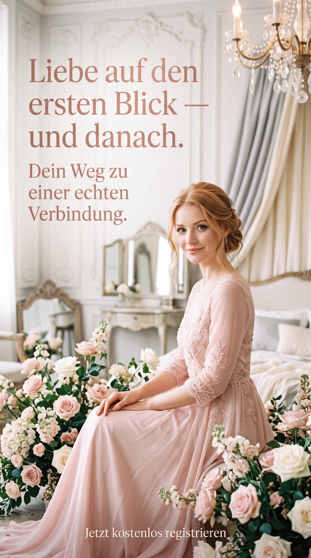 High-end romantic editorial advertisement photo, no logos. A beautiful fair-skinned German woman, ea
