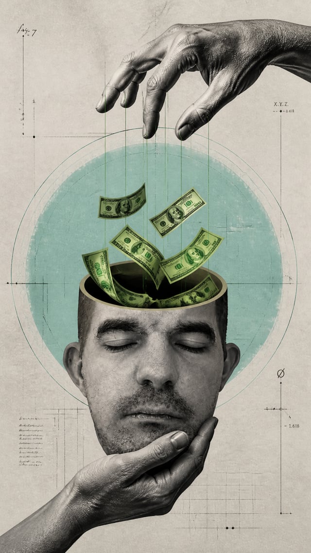 A surrealist digital collage depicts a human head with the cranium removed, revealing a hollow inter