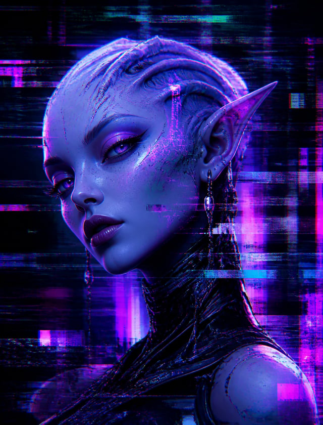 s beautiful alien cyberpunk, with a glitchy background and glitch effect. p sujyaex
