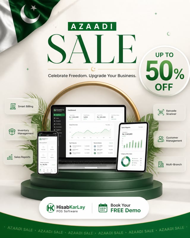 Create a premium, minimalist 4:5 (1080×1350) Pakistan Independence Day promotional poster for HisabK