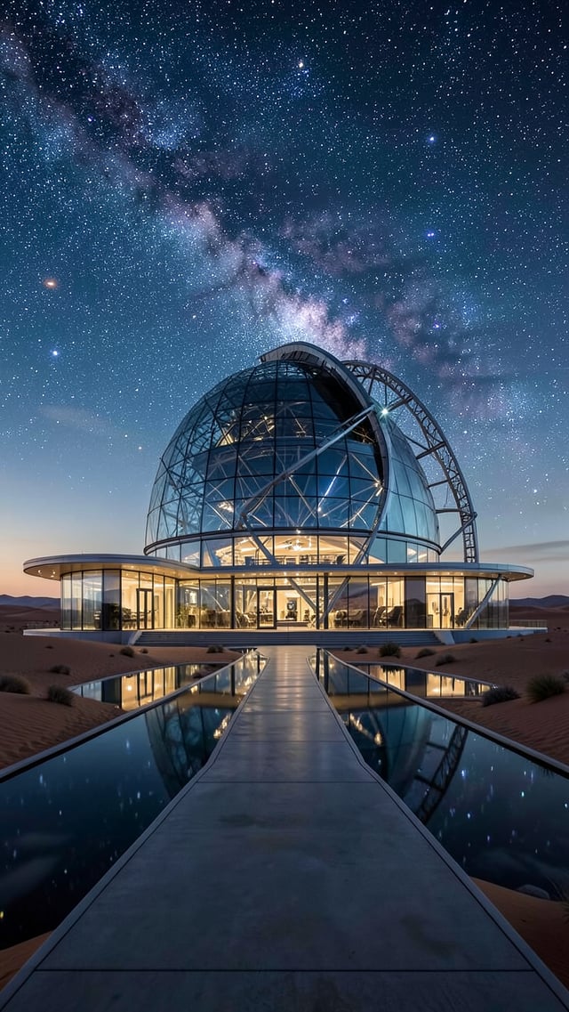 Ultra realistic luxury astronomical observatory in the middle of a desert. Modern glass architecture