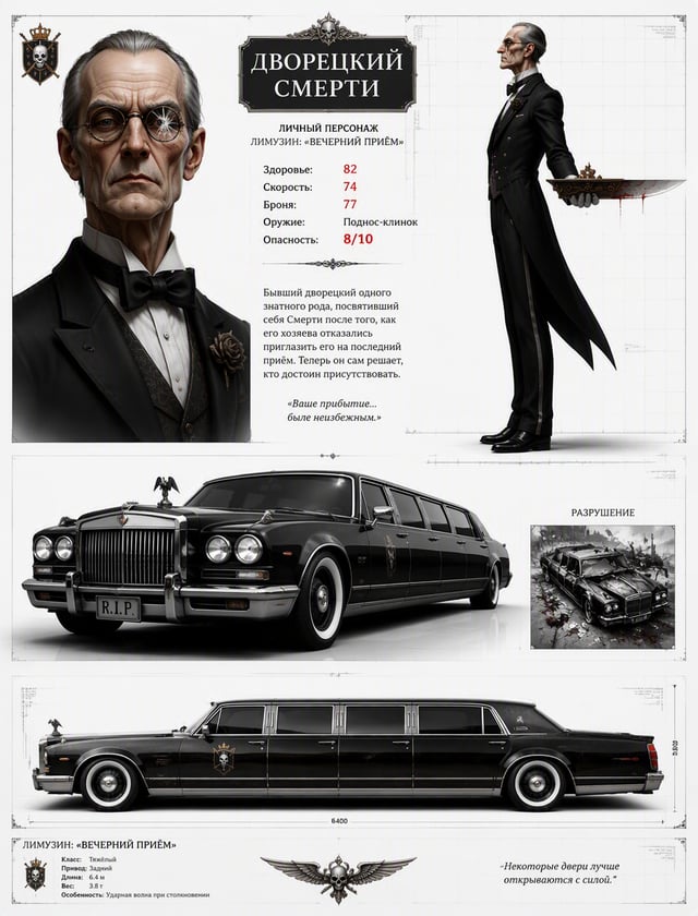 Дворецкий Смерти / лимузин "Вечерний Приём"Character bible reference sheet for "Дворецкий Смерти," a