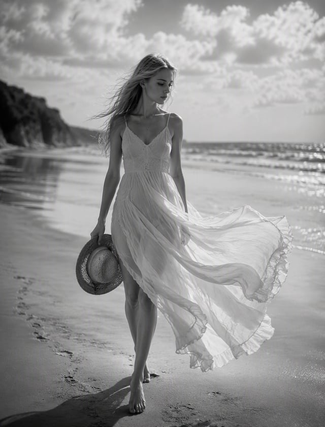 A captivating black and white cinematic photo of a teenage woman, light-skinned with long blonde hai