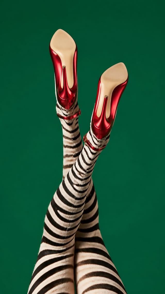 Surreal fashion photograph of a zebra’s legs raised high against a solid green background. The zebra