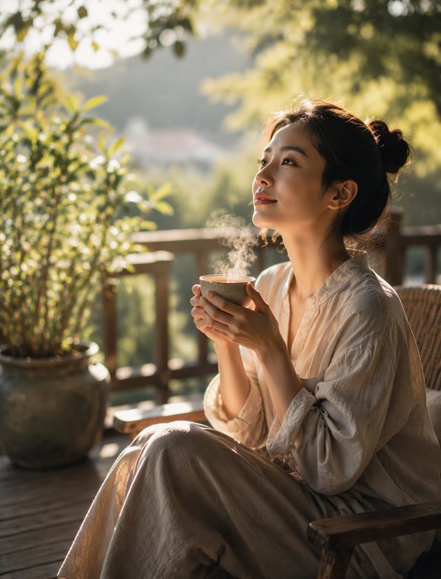 一个充满温暖与宁静的电影感场景。一位神情平和的女性正坐在阳光斑驳的露台上，手里捧着一杯冒着热气的清茶，细微的蒸汽在柔和的晨光中缓缓升起。她抬头凝视着远方，眼神中流露出对生活点滴的感恩与满足，整个人沉浸