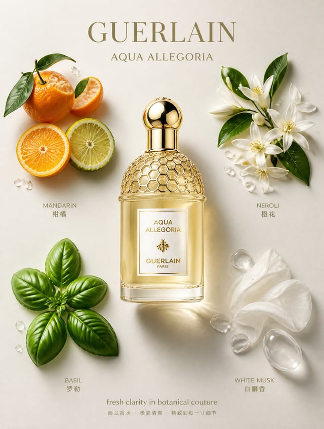 Create an ultra-premium advertising poster for Guerlain perfume, in the visual spirit of the Aqua Al