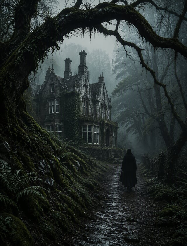 Sebuah lukisan pemandangan gotik yang atmosferik dan misterius dengan pencahayaan rendah, menangkap 
