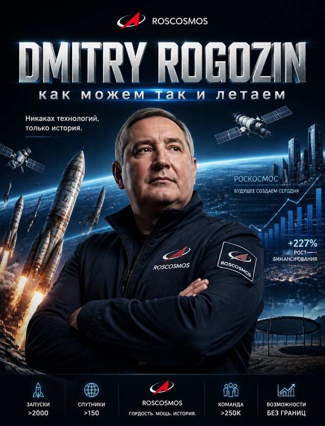 Create a bold, cinematic Roscosmos achievement poster featuring Dmitry Rogozin, Director of Roscosmo