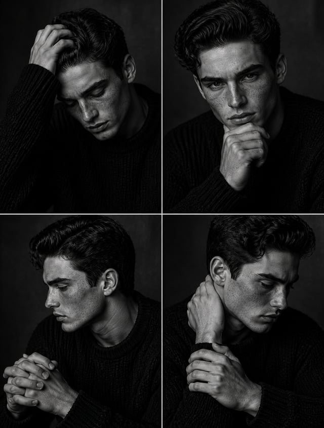 Prompt:    A series of contemplative, black and white studio portraits captures the same young man i