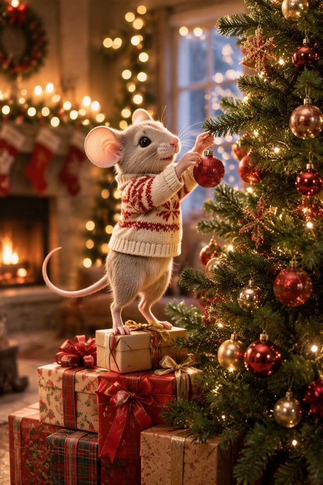 Photo. mouse, standing on boxes of gifts hangs a Christmas toy on the Christmas tree. The mouse is d