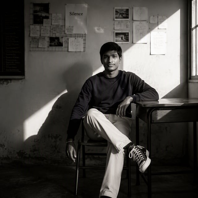 Create a high-contrast black and white portrait in a quiet classroom.Use uploaded image as reference