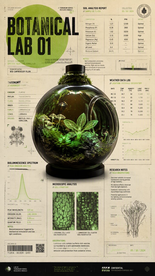 A hyper-structured experimental botanical poster combining macro photography and technical data visu