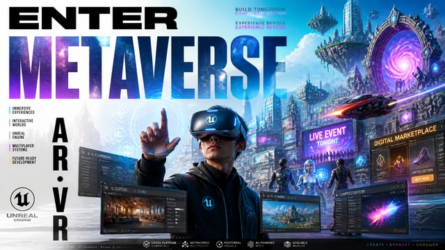 16:9 aspect ratio. Epic stylized futuristic advertising poster featuring a premium VR headset projec