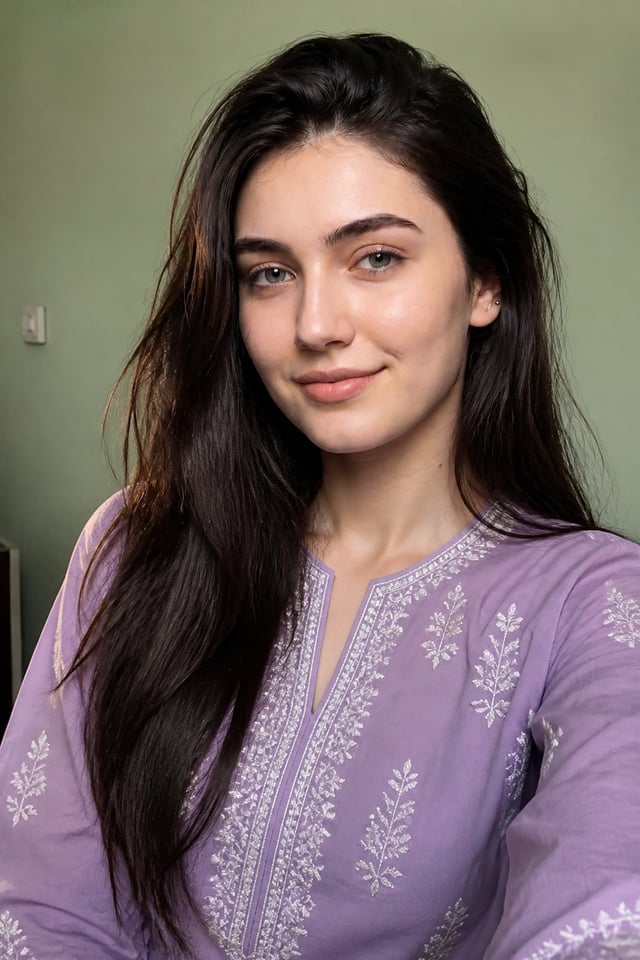A young woman with long, straight dark hair faces the camera in a relaxed, slightly tilted three-qua