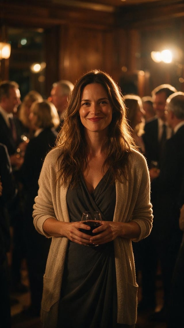 A poised woman stands at an intimate evening reception, facing the camera with a restrained, confide