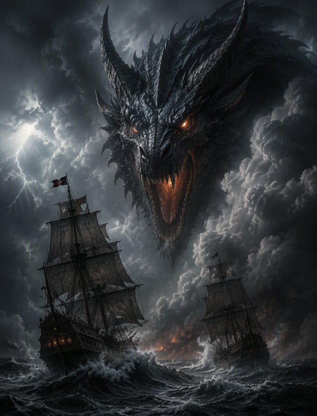 A picture of a massive, menacing dragon peering out from behind a large cloud, with its head looming