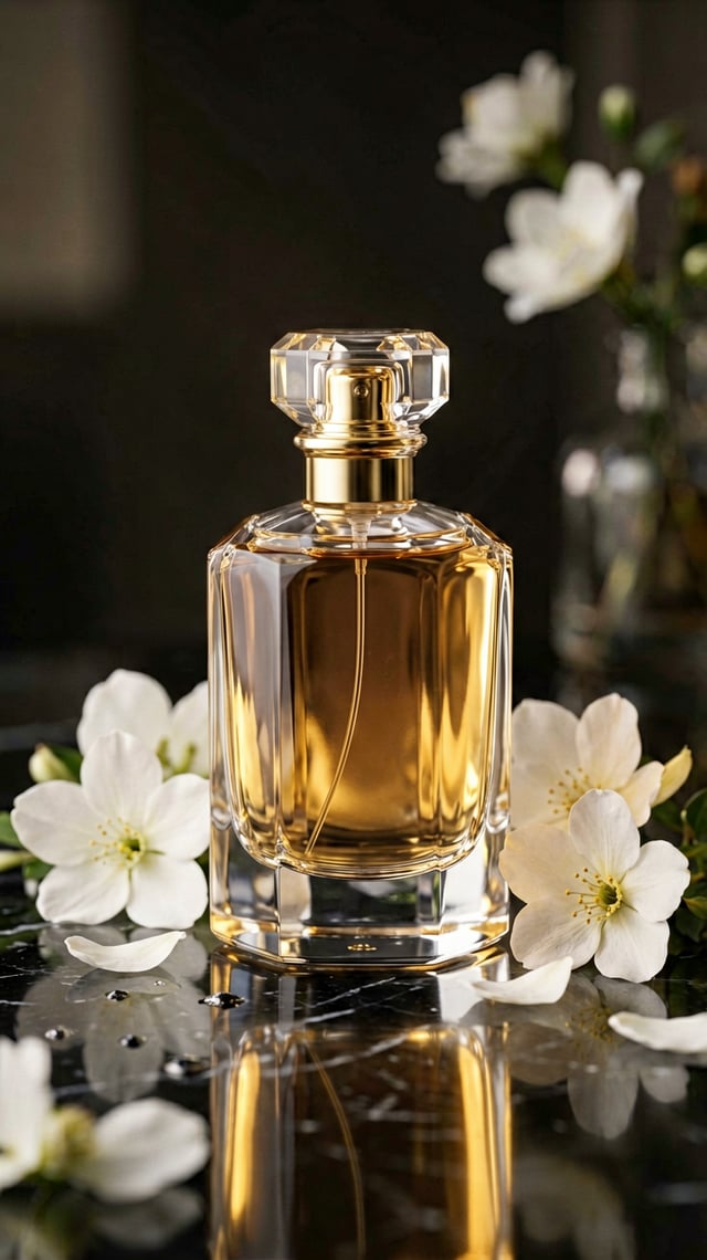Luxury perfume bottle on a black marble surface with delicate white flowers, crystal reflections and
