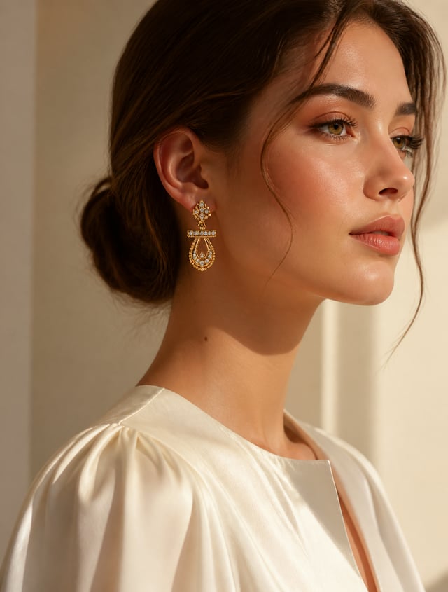 Luxury jewelry editorial photography, ultra-realistic high-fashion campaign.A graceful young woman s