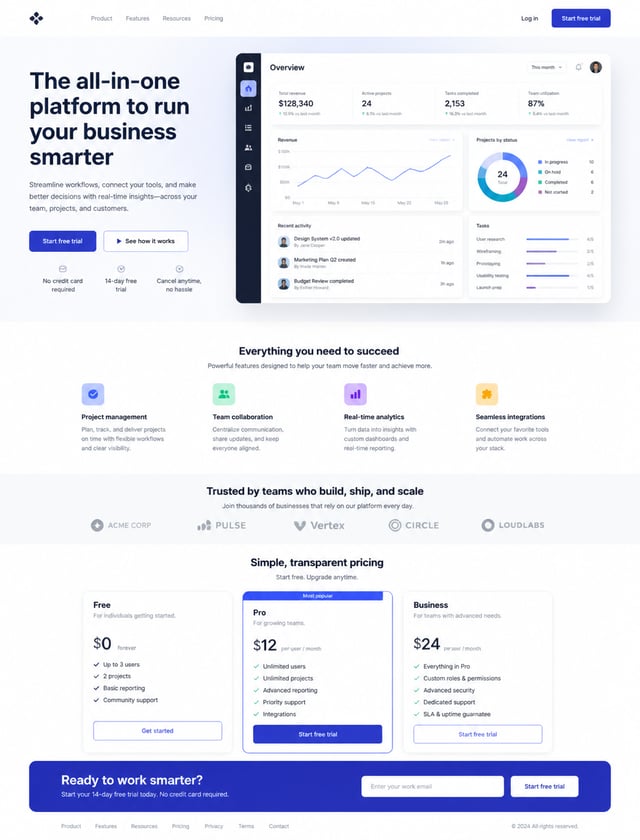 Design a premium SaaS landing page. Include a clear information hierarchy, accessible spacing, respo