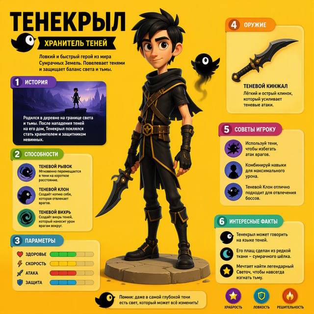 Детская яркая обучающая инфографика в стиле пиксар про мужской тощий персонажа из фэнтази мира компь