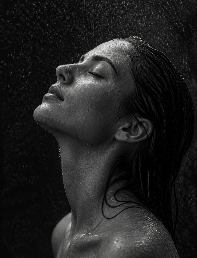 An image of a woman in monochrome with her head tilted back, her face and hair drenched with water d