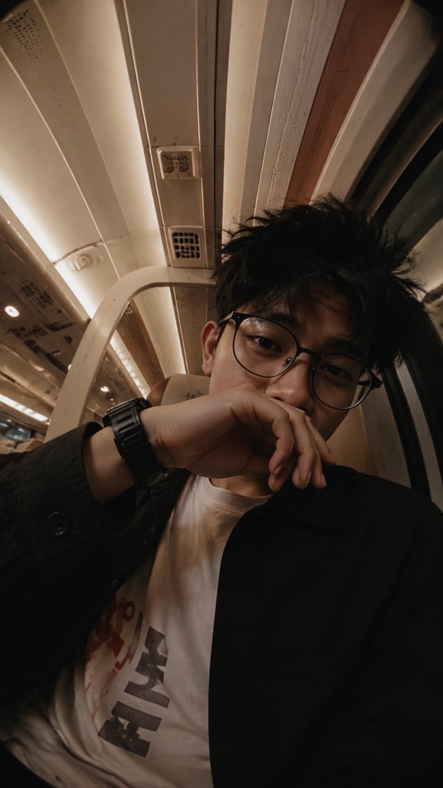 the character in reference image 1 A young man with round black-rimmed glasses leans toward a low, t