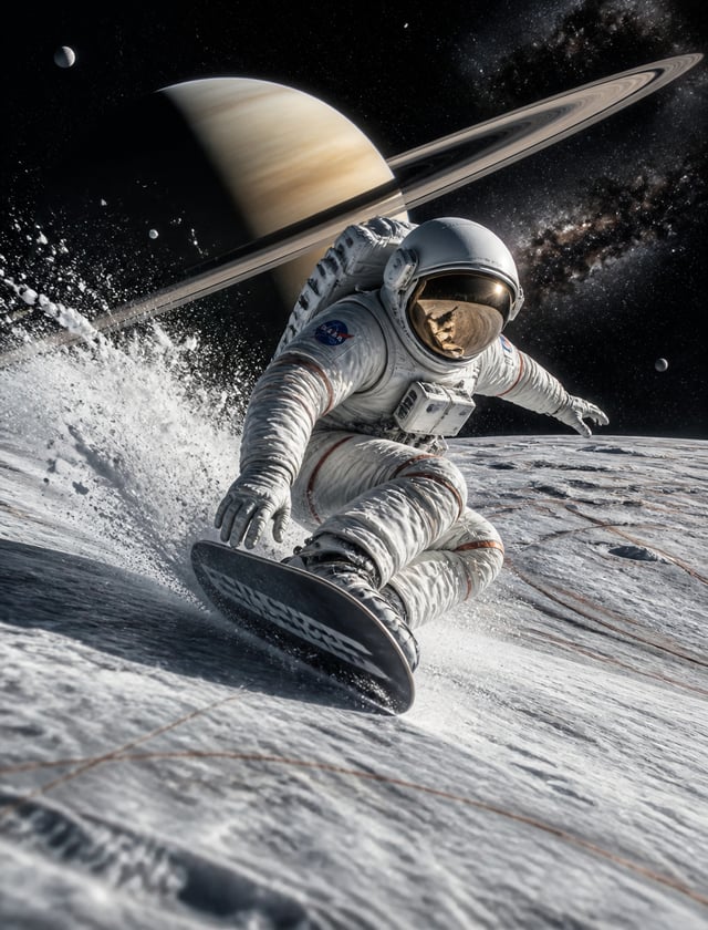 an astronaut snowboarding on the surface of europa, deep space, dynamic pose, tail blocking, saturn 