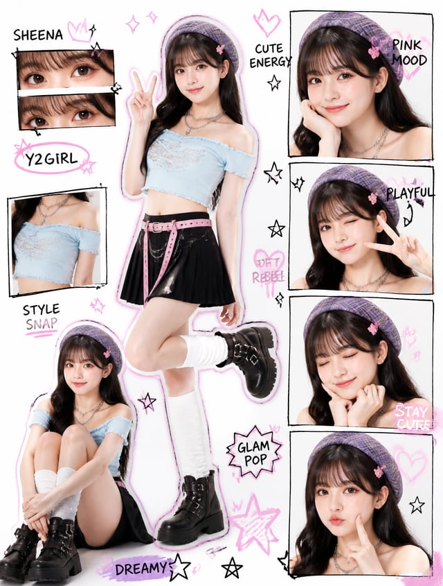 Create a high-quality Y2K kawaii street-style collage poster based on the uploaded portrait.