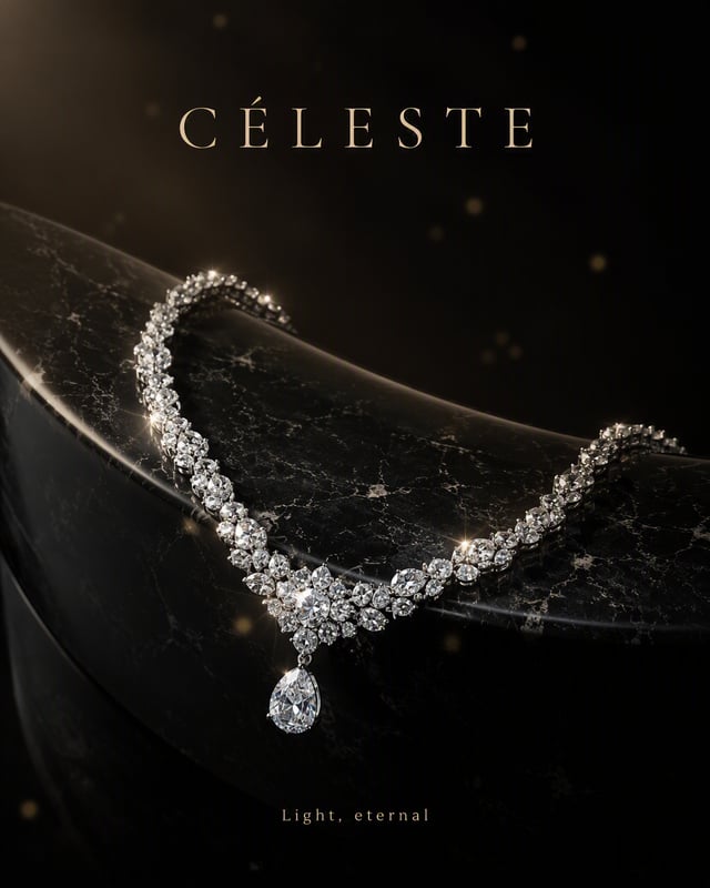 Create an ultra-premium jewelry advertising poster for a fictional brand "CÉLESTE". FORMAT: 4:5 vert