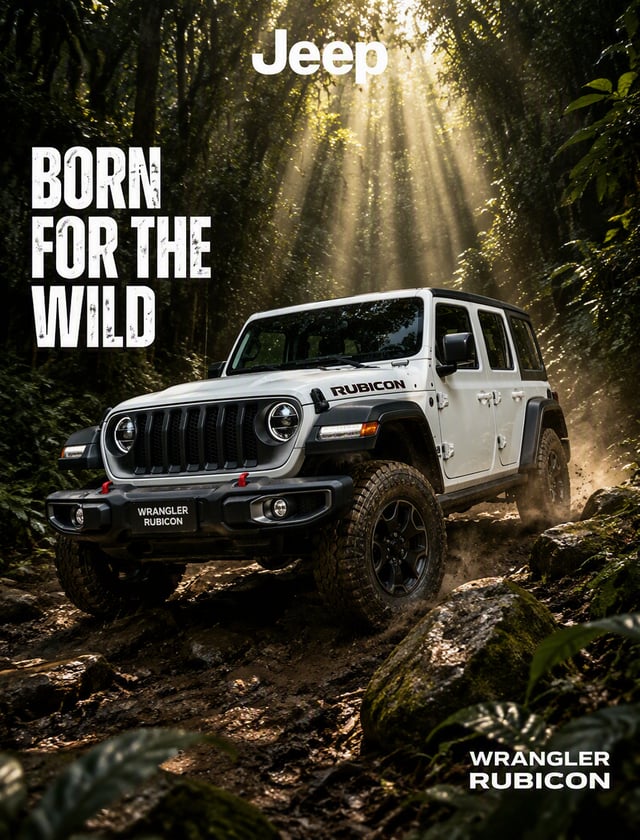 A high-resolution, photorealistic dynamic shot of a four-door white Jeep Wrangler Rubicon navigating