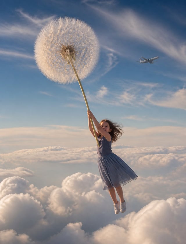 Charming hyper-realistic photograph showing a girl holding on to a dandelion stalk with both hands a