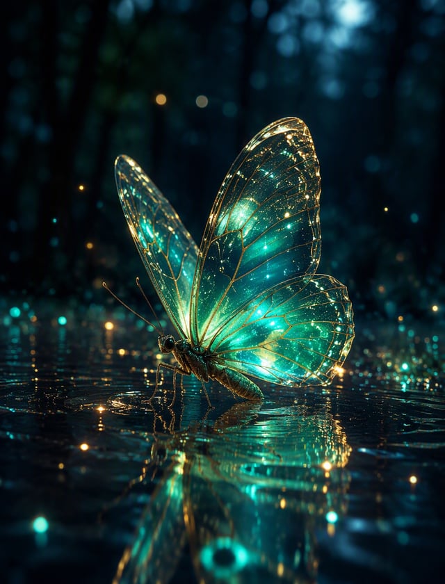 Hyperrealistic rendering A dark luminous magical butterfly with translucent glowing wings sits gentl