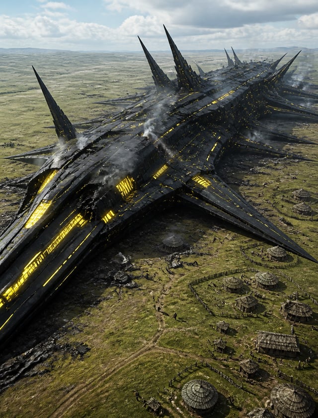 Futuristic sci-fi, crashed battlecruiser, 15 kilometers long, sharp thorns, in black with yellow neo