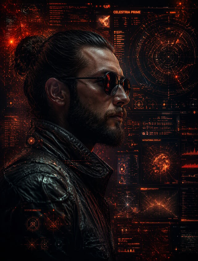 A cinematic side-profile portrait of a rugged man with a tied-back bun and full beard, wearing round